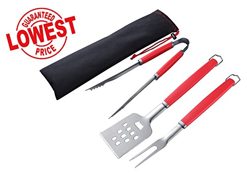 Unicook Classic Stainless Steel 3-Piece BBQ Tool Set with Storage Bag Red Color Easy to Grip Handle Including Multi-Function SpatulaTongsFork and Storage Bag Easy Cooking and Clean Up