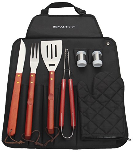 8 Pcs Stainless Steel BBQ Grill Tool Set with Hard Wood Handle in Fold-n-Snap Apron Storage - Outdoor Barbecue Grill Accessories Kit Set for Men with Gift Package - by ROMANTICIST