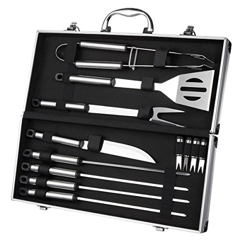 Barbecue Grilling Tools - Grill Tools and Accessories Set With Tongs Spatula Fork Knife Corn Holders Skewers and Storage Case 12-Piece by Juvale