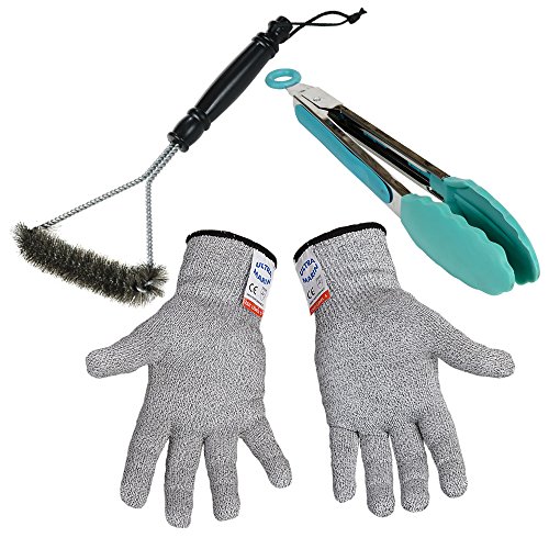 BBQ grill set NoCry Cut Resistant Gloves Brush with Hanging Loop Cleaning Stainless Steel Tongs with Silicone Tips Turner for Cooking Salad Kitchen