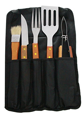 JustNile 5-Piece Stainless Steel BBQ Utensil Tool Set - Wood Handles w Carrier