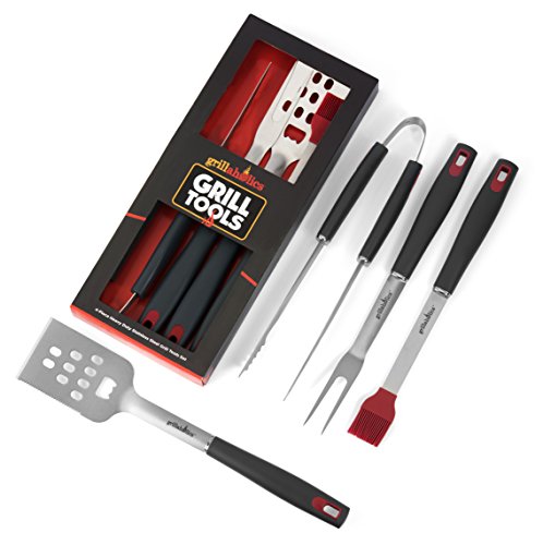 Grillaholics Grill Set - 4-Piece BBQ Tools - Heavy Duty Stainless-Steel Barbecue Grilling Utensils - Premium Grilling Accessories for Barbecue - Spatula Tongs Fork and Basting Brush