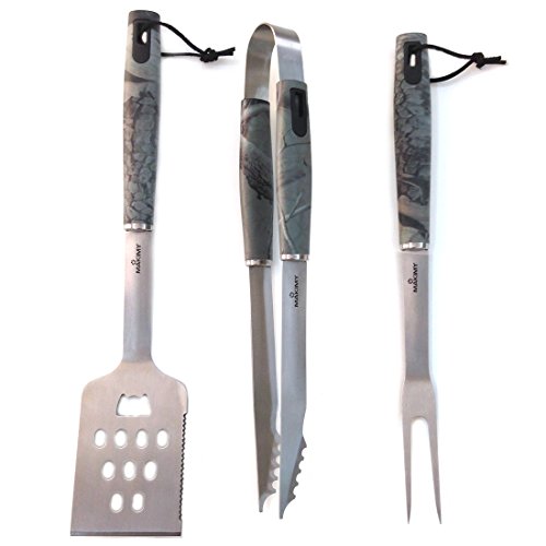 Makimy Hunting Version 3-Piece Professional-Grade Heavy Duty Extra Strong Stainless-Steel Barbecue Tool Set  Bonus 50 BBQ Recipes - Best Value Grill Tools on Amazon - Perfect for Smokers Charcoal Gas Electric and Infrared Outdoor Grills