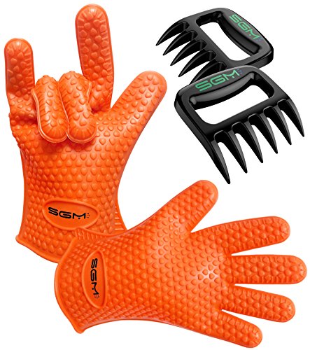 BBQ Gloves Barbecue Grill Set - Protect Your Hands with Heat Resistant Silicone Gloves - Includes Bear Claws for Pulling Meat - 100 Satisfaction Guaranteed