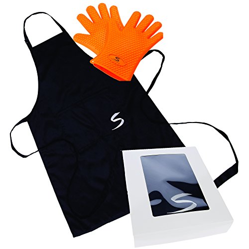 Barbecue Gift Set - Cooking Gloves Heat Resistant for Traeger Weber and Smoker with BBQ Apron SiliSafe Charcoal Grill Accessories Set