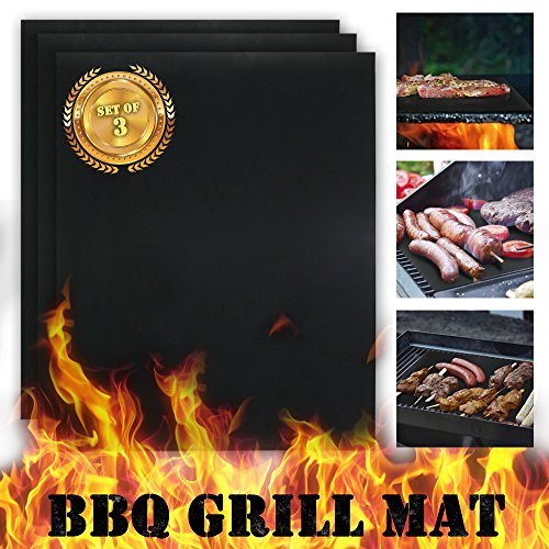 KONY Nonstick BBQ Grill Mat Set of 3 - 1575 x 13 Inch Reusable Barbecue Grill Mats for Steaks Shrimp Vegetables - Essential Grilling Accessories for Home Cooks and Grillers Gas Charcoal Ovens