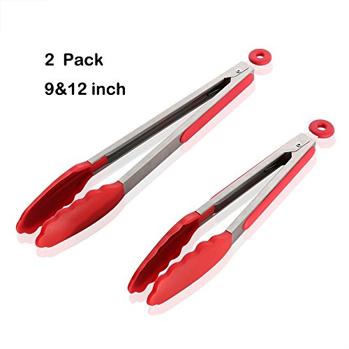 Anke Silicone Kitchen Tongs Set Salad Bbq Serving Utensils Stainless Steel Handle 2 Pack 9&amp12 Inch