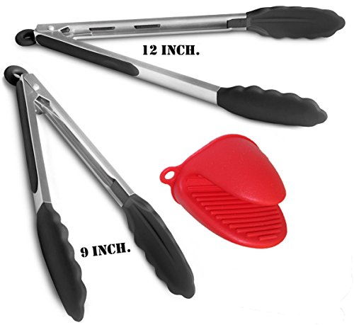 Silicone Kitchen Bbq Tongs Set By Kum&ampkum 9inch&amp12inch In Black  Bonus Oven Mitt Kitchen Utensil Set