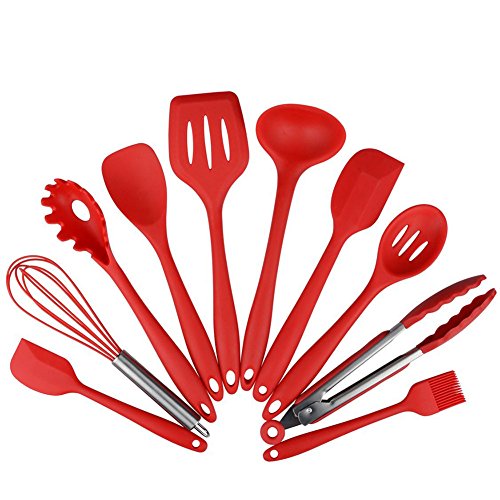 UMEI Set of 10 Pieces Silicone Kitchen Cooking Utensils Heat-resistant Barbecue Tools With Hygienic Solid Coating Environmental Protection Non-toxic Non-stick Durable and Safe Instrument Red