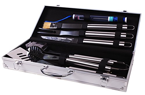 Deluxe Stainless Steel Barbecue Utensil Tool Set with Instant Read Digital Meat Thermometer in Aluminum Case Perfect Grilling Utensil Tool Set for Tailgate Camping Home or on the Road