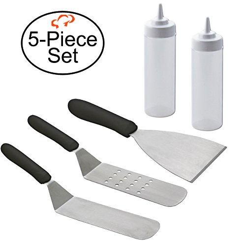 Tiger Chef Commercial Grade Stainless Steel Grill Utensils Set Includes One Perforated and One Solid Turner Spatula with wooden handles Griddle Scraper and Squeeze Bottle Dispensers