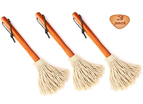 BBQ Sauce Basting Mops for Roasting or Grilling Apply Marinade or Glazing Cotton Fiber Head and Natural Hardwood Handle Dish Mop Style Perfect for Cooking or Cleaning -12 Inches（Pack of 3 ）