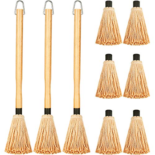 Boao 3 Pieces BBQ Basting Mop Grill Basting Mop in 18 Inches Wooden Long Handle with 9 Pieces Replacement Heads for Barbecue Cooking Roasting Grilling