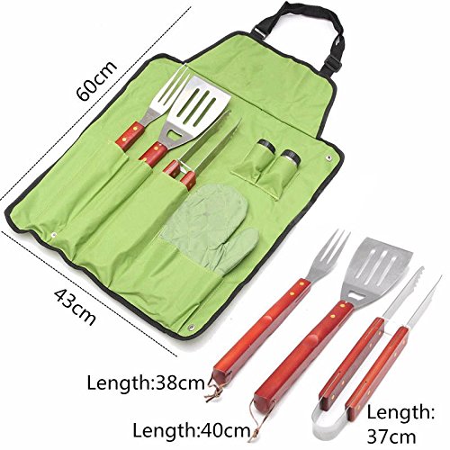 Jack-Store 7 Pcs Outdoor BBQ Barbecue Set Apron Utensil Set Roll Up Portable Bag Tools