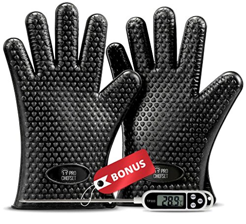 Bbq Grilling Silicone Gloves And Digital Thermometer - Oven Mitts For Cooking Barbecue Baking - Non Slip Potholders