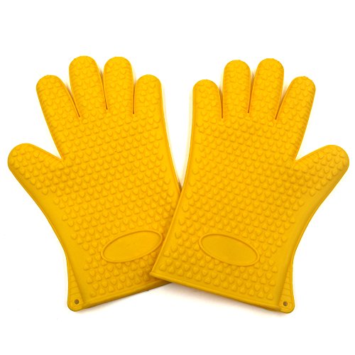 Silicone Heat Resistant BBQ Grill Oven Grip Gloves Home Kitchen Tools For Your Indoor Outdoor Cooking Baking Grilling BBQ Needs Best Barbecue Mitts Potholder 1 Pair Yellow