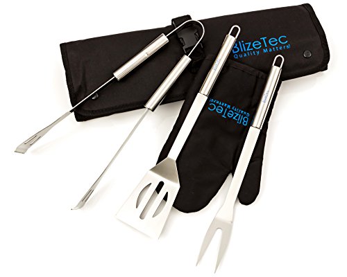BlizeTec Grilling Tools Set 3-Piece Stainless Steel BBQ Grill Accessories including a Spatula Tongs Fork PLUS Case and Glove