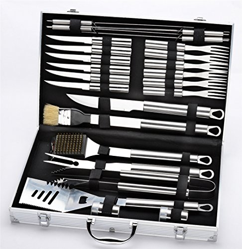 VolksRose Premium 24 Pieces Stainless Steel BBQ Set with Aluminum Storage Case - Heavy Duty Professional Outdoor Barbecue Grill Tool Accessories Kit - Perfect Christmas Gifts Idea