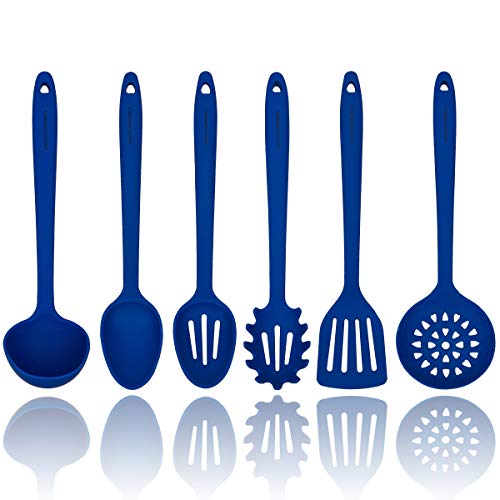 Blue Silicone Cooking Utensils Set - Sturdy Steel Inner Core - Spatula Mixing Slotted Spoon Ladle Pasta Server Drainer - Heat Resistant Kitchen Tools - Bonus Recipe Ebook