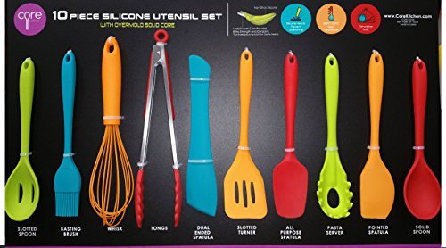 Core Kitchen - 10 Piece Silicone Utensil Set in Assorted Colors with Overmold Solid Core