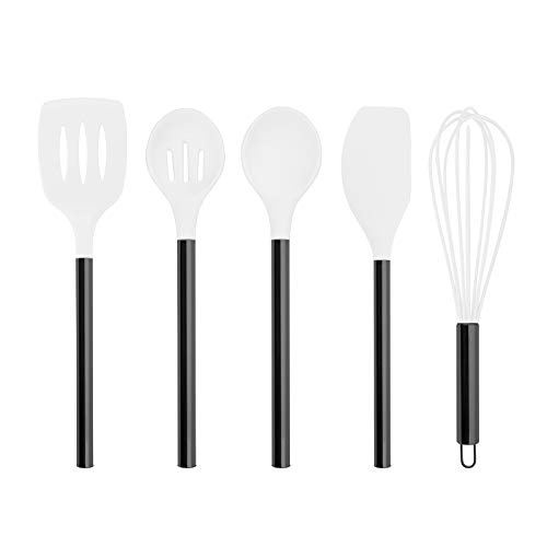 Country Kitchen 5 pc Non Stick White Silicone Utensil Set with Rounded Gun Metal Stainless Steel handles for Cooking and Baking