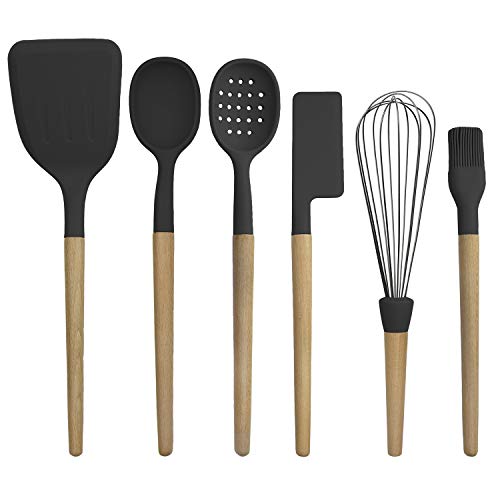 Country Kitchen 6 pc Non Stick Silicone Utensil Baking Set with Rounded Wooden Handles for Cooking and Baking - Black