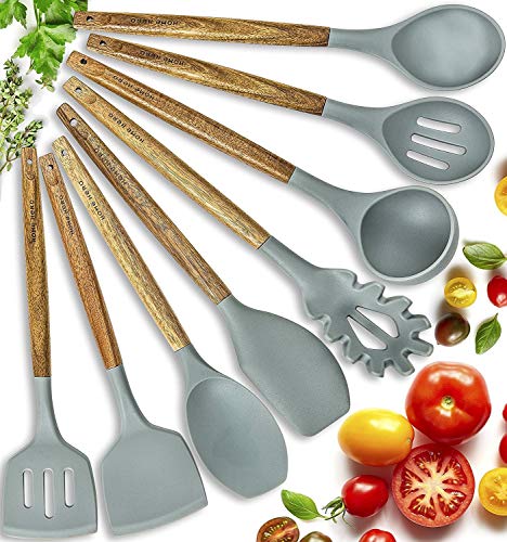 Home Hero Silicone Cooking Utensils Kitchen Utensil Set - 8 Natural Acacia Wooden Silicone Kitchen Utensils Set - Silicone Utensil Set Spatula Set - Silicone Utensils Cooking Utensil Set