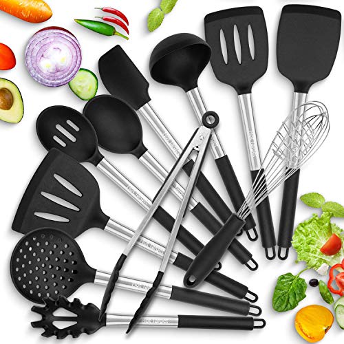 Hot Target 11 Silicone Cooking Utensils With Heat Resistant Handles - Stainless Steel Silicone Kitchen Utensils Set - Silicone Utensil Set Spatula Set - Silicone Utensils Cooking Utensil Set