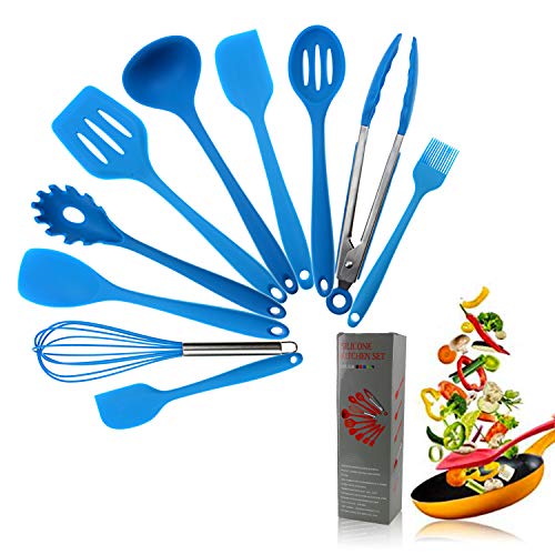 Kitchen Utensils Silicone Heat Resistant Kitchen Cooking Utensil Non-Stick Kitchen Utensil Set 11 Piece Cooking Set Non-Stick Kitchen Tools Turner Whisk SpoonBrushspatulaPasta ForkBlue