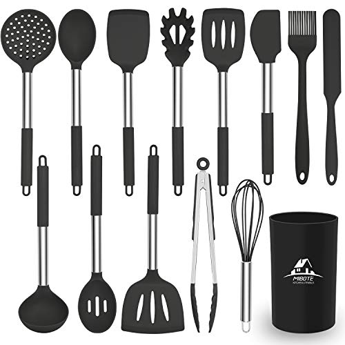 MIBOTE Kitchen Utensils Set 14 pcs Silicone Cooking Kitchen Utensils Set with Heat Resistant BPA-Free Silicone and Stainless Steel Handle Turner Spatula Spoon Tongs Whisk Cookware Kitchen Tools Set