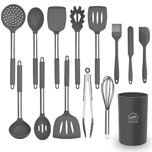 Silicone Cooking Utensil Set AILUKI Kitchen Utensils 14 Pcs Cooking Utensils SetNon-stick Heat Resistant SiliconeCookware with Stainless Steel Handle - Grey