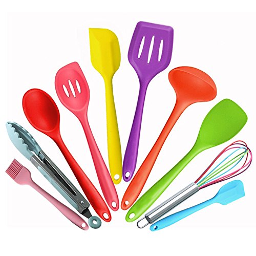 Silicone Kitchen Utensil Set - Colorful 10 Pieces Cooking Utensils Set Nonstick Cookware Best Kitchen Tools for Home Cooking ，BBQ Baking Serving Outdoor Picnic Camping