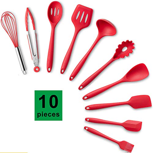 Silicone Kitchen Utensil Set Non-Stick Red Cookware Set Cooking Tools 10 PiecesTurner Whisk SpoonBrushspatula Ladle Slotted turner Spoon Pasta Fork and Tongs