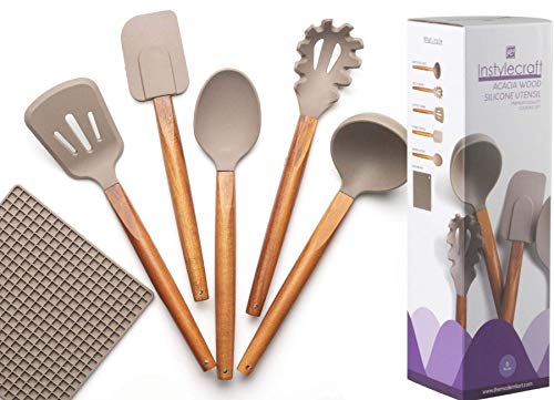 Silicone Kitchen Utensil Set with Acacia Wood Handles BPA Free FDA Approved Comfortable Wood Grip Cooking set Set comes with Silicone Mat
