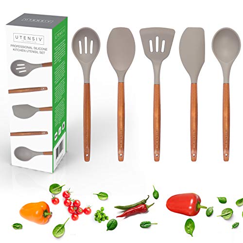 UTENSIV Silicone Cooking Utensils 5 pc Kitchen Utensil Set - Silicone Utensils Set with Natural Acacia Hard Wood Handle