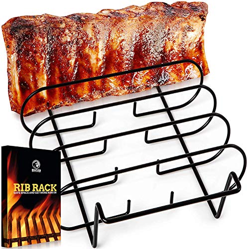 Rib Racks for Smoking - BBQ Rib Rack for Gas Smoker or Charcoal Grill - Non Stick Standing Rib Rack for Grilling Barbecue - Holds 5 Baby Back Ribs - Black