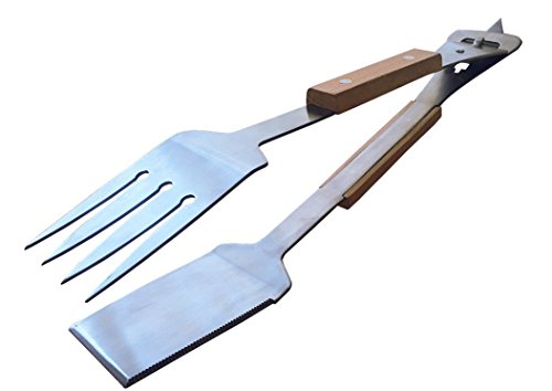 All In One Bbq Grill Tongs Tool - High Quality Stainless Steel And Wood Tongs Spatula Fork Bottle Opener Can