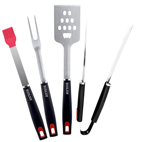 BBQ Grill Tools - 4 Pieces Stainless Steel Deluxe Heavy Duty Barbecue Set Grill Accessories with Grill Tongs Grilling Fork 3 in 1 Spatula and Silicone Basting Brush  Non-Slip Handles