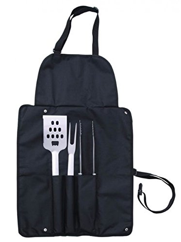 Grill Master BBQ Set with full-sized apron a deluxe barbecue set stored inside including three stainless steel barbecue tools a large spatula with integrated bottle opener a large fork and tongs