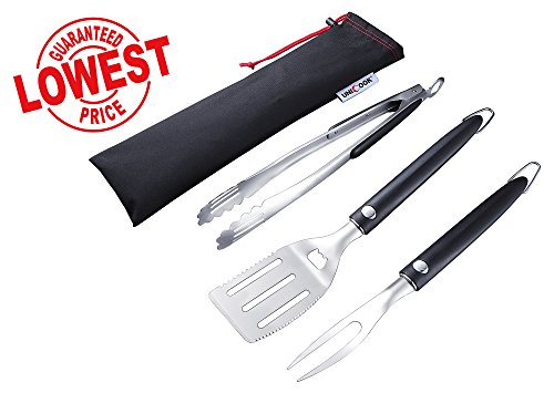 Unicook Premium Stainless Steel 3-Piece BBQ Tool Set with Storage Bag Black Color Easy to Grip Handle Including SpatulaTongsFork and Storage Bag Easy Cooking and Clean Up