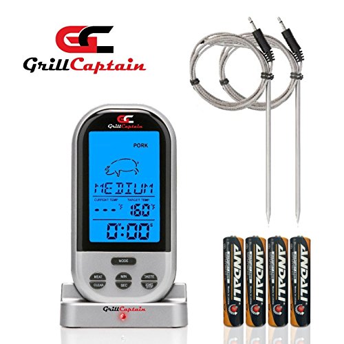 Grill Captain Meat Thermometer Pro-Monitor Meat Temperatures Cooking in Oven BBQ Barbecue Smoker Grilling Broiling with Wireless Remote - Stainless Steel Probes - Free Spare Probe Batteries