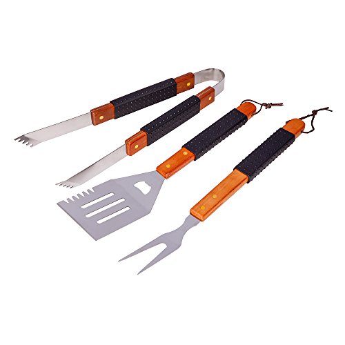 Barbecue Tools - 3 Piece Superior Stainless Steel Grill Set - Extra Long Wood Handles - Rubber Grip for Non-Slip - Spatula Tongs and Fork
