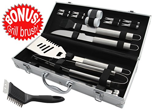Bonus Grill Brush - Stainless Steel BBQ Grill Tool Set with 19pc Barbecue Grilling Accessories in Aluminum Storage Case - Complete Outdoor Grilling Kit for Men with Gift Box Package - by ROMANTICIST