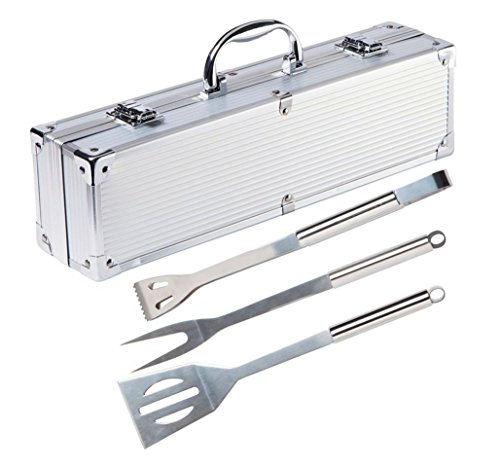 RoseFlowerÂ Premium 3 Pieces Stainless Steel BBQ Set with Aluminum Storage Case - Heavy Duty Professional Outdoor Barbecue Grill Tool Accessories Kit - Perfect Christmas Gifts Idea