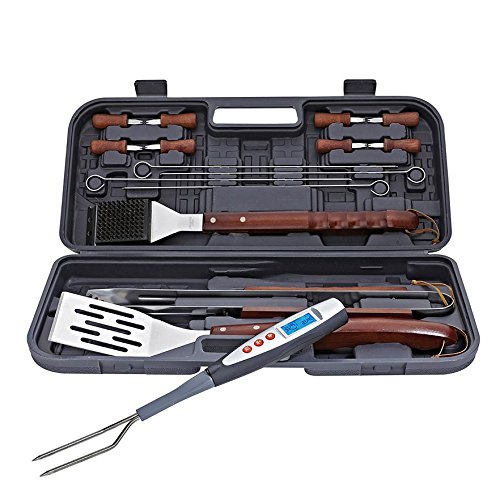17-pc BBQ Grill Tool Set with Digital Temperature Fork and Impact Resistent Carrying Case
