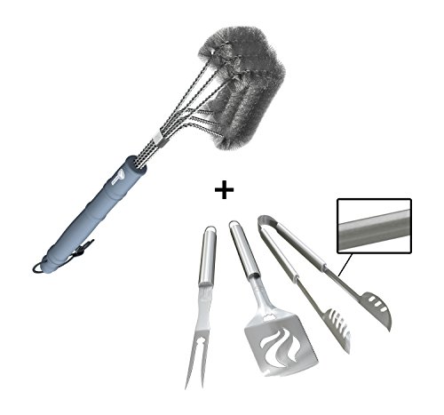Barbecue Grill Brush  BBQ Tools Set - HEAVY DUTY 20 THICKER STAINLESS STEEL - Professional Grade Accessories - 3 Piece Utensils Kit Includes Spatula Tongs Fork - Unique Birthday Gift Idea For Dad