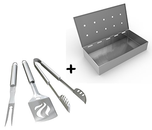 Smoker Box  BBQ Grill Tools Set - HEAVY DUTY 20 THICKER STAINLESS STEEL - Professional Barbecue Accessories - 3 Piece Utensils Kit Includes Spatula Tongs Fork - Unique Birthday Gift Idea For Dad
