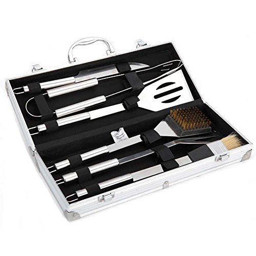 COOKO BBQ Tool Setï¼Œ6-Piece Stainless Steel BBQ Tool Set with Aluminum Caseï¼ŒIncludes Spatula Grill Tongsbasting Brushcleaning Brushfork and Knife