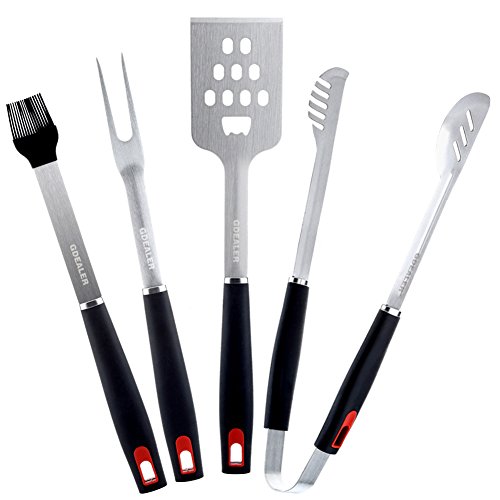 GDEALER BBQ Grill Tools Set 4 Pieces Barbecue Tool Set Grill Accessories with Spatula Tongs Fork and Silicone Basting Brush Heavy Duty Professional Grade Stainless Steel