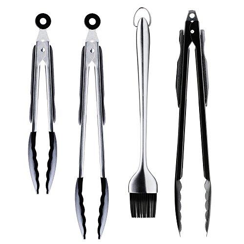 YOUKEE 4 PCS Stainless Steel BBQ Tools Set - 2 Stainless Steel Premium Kitchen Tongs with Silicone Tips 9 12  1 Removable Pastry Basting Brush  1 BBQ Coal Tong Black